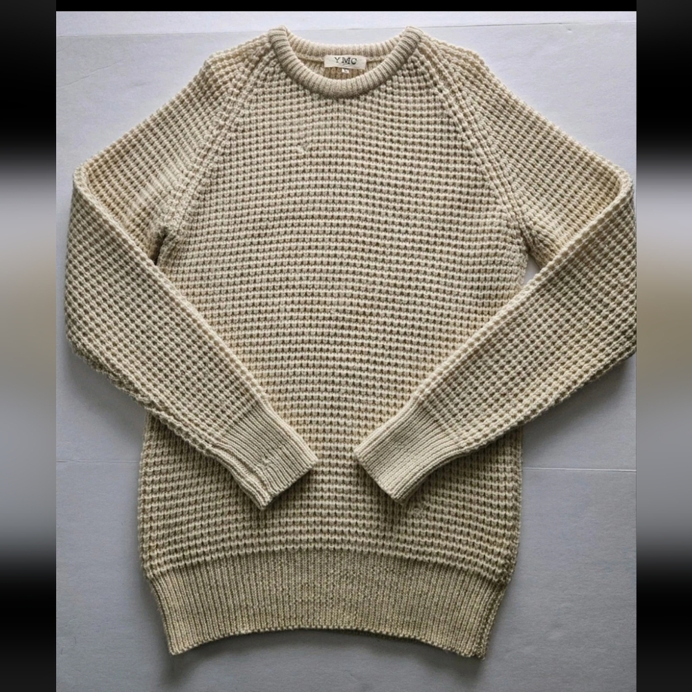 YMC You Must Create Cream Wool Waffle Knit Large  Sweater Flaws Cabincore